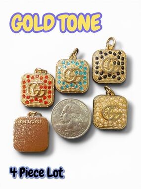 Lot 4 GG Gold Tone Square Zipper Pull Button Pendant Necklace Charms